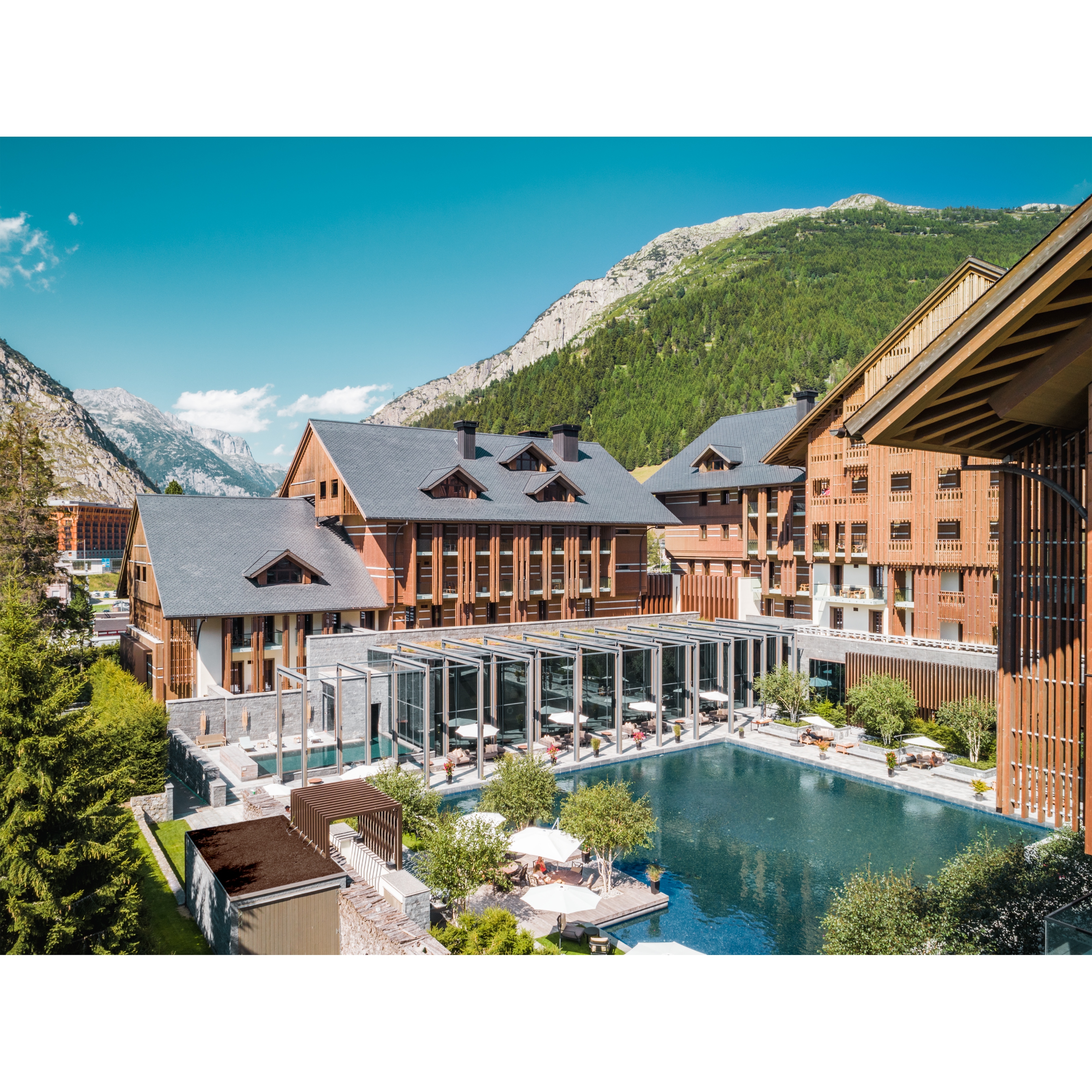 An Overview of The Chedi Andermatt Courtyard.